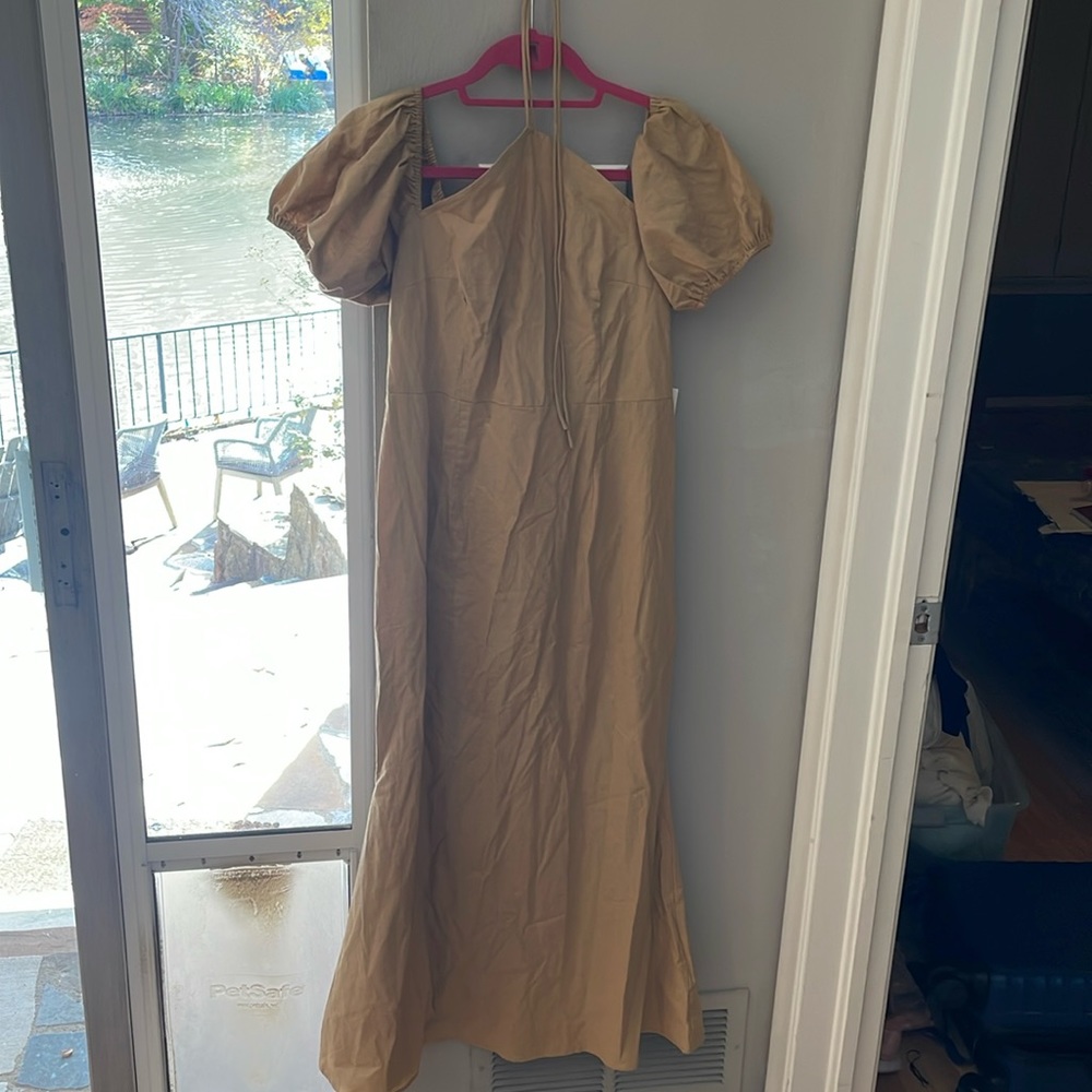 Tie neck off shoulder puff sleeve linen dress